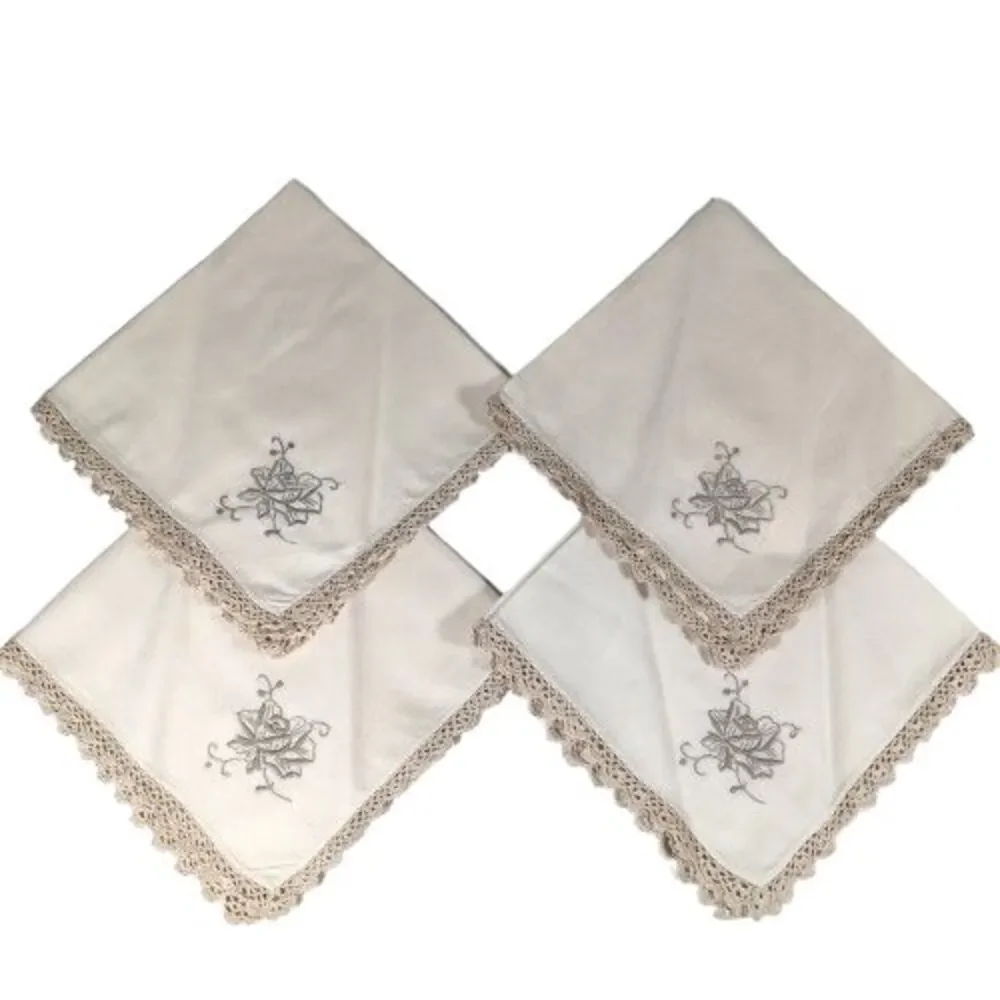 Set of 4 Vintage Ecru Linen Dinner Napkins w/Taupe Embroidered Flower & Edging